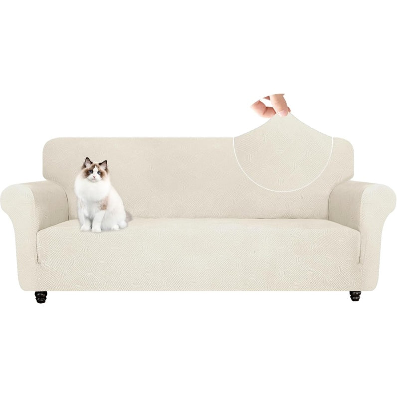 Copertura per Divano Tre Posti con Braccioli in Tessuto Stretch Antimacchia Antigraffio Colore Bianco Crema
