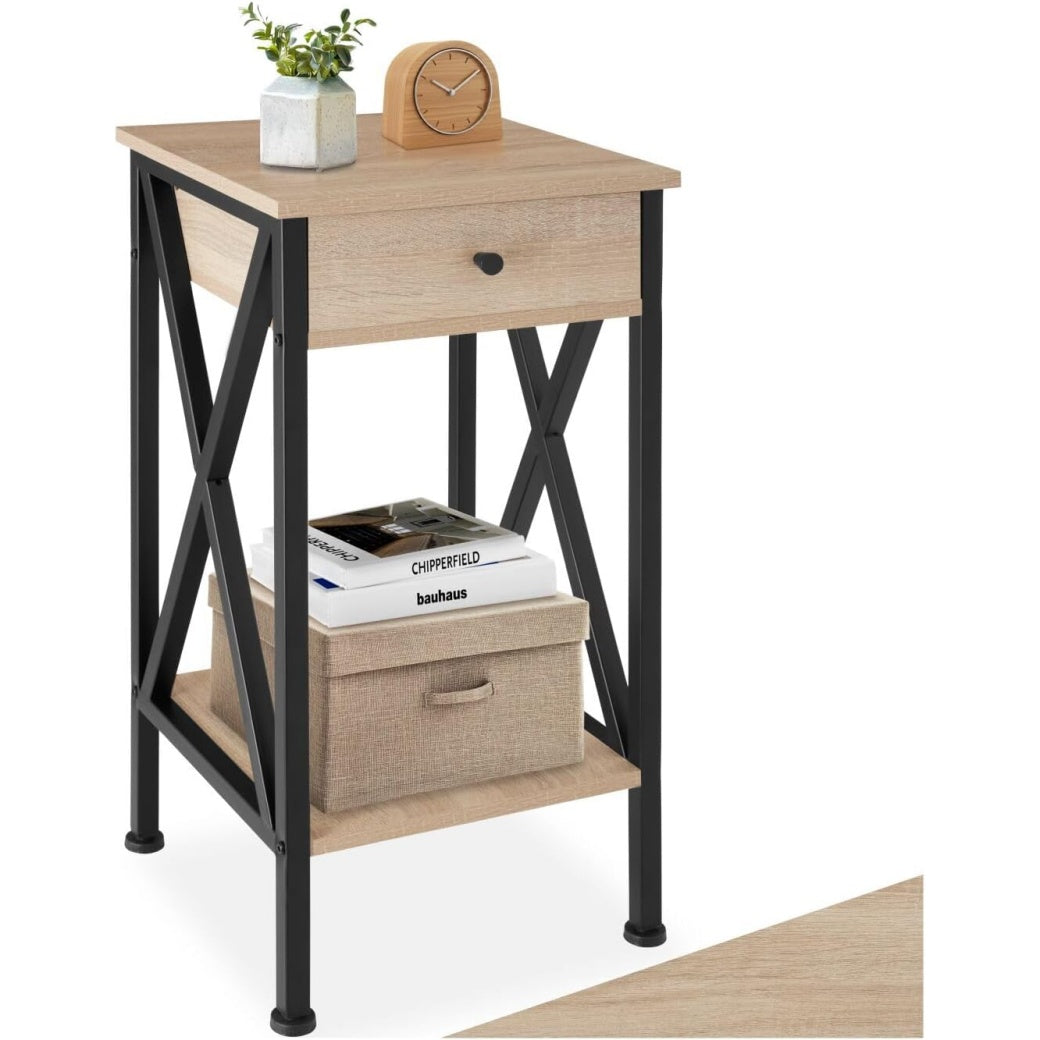 Comodino Industriale con 2 Ripiani e 1 Cassetto Finitura Legno Chiaro