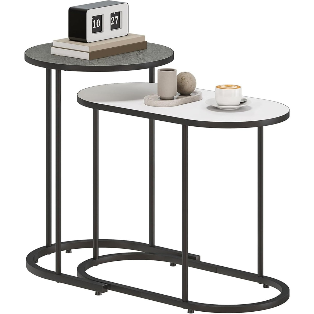 Set di 2 Tavolini da Salotto Impilabili con Telaio in Metallo per Soggiorno Camera da Letto e Ufficio Grigio Bianco