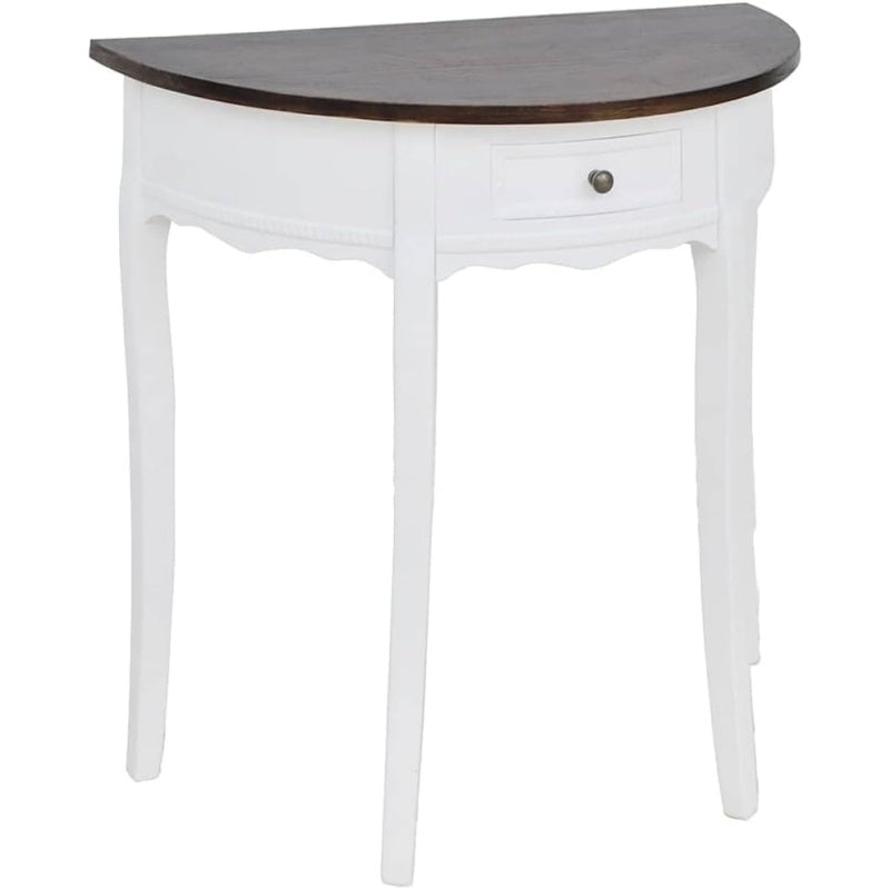 Tavolo Consolle Semicircolare con Cassetto Bianco e Piano Marrone