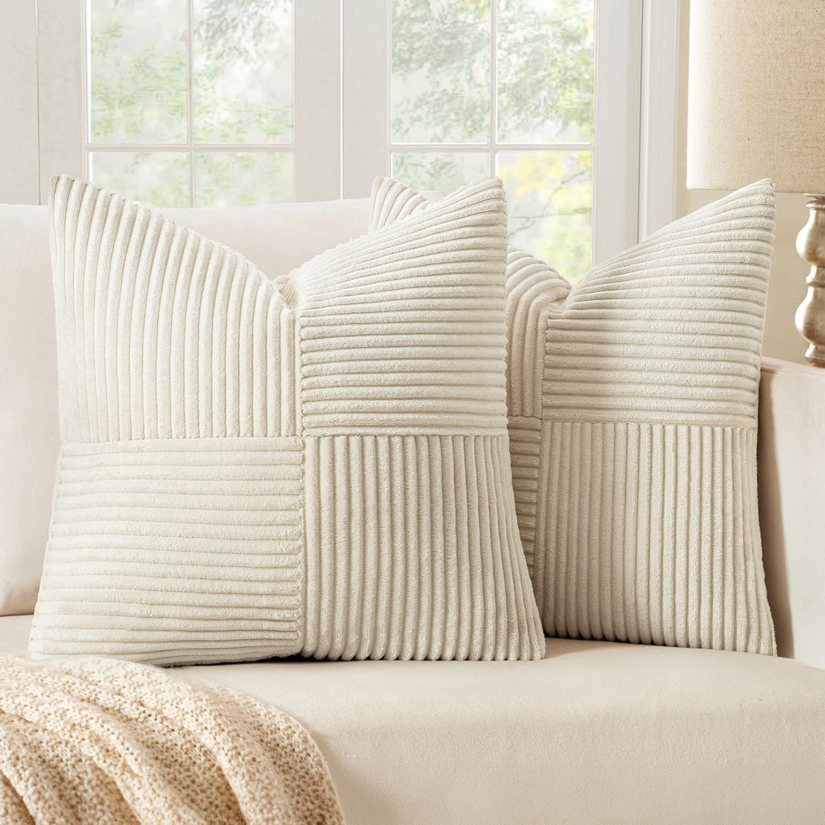 Set di 2 Copricuscini in Velluto a Coste 40 ¡Á 40 cm Beige Chiaro