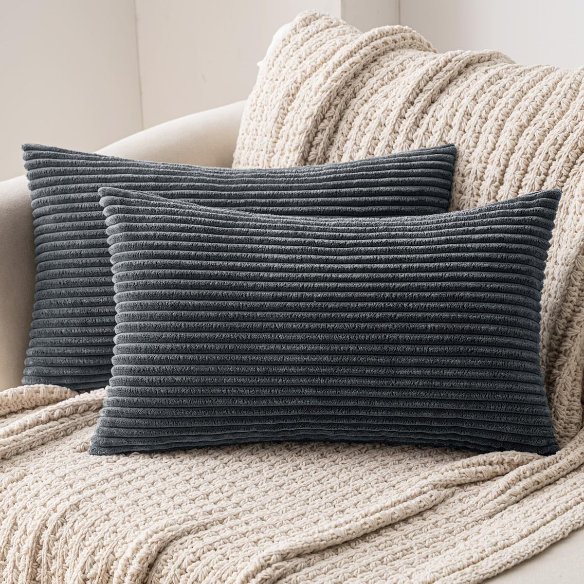 Set di 2 Federe in Velluto a Coste 40 ¡Á 80 cm Grigio Scuro