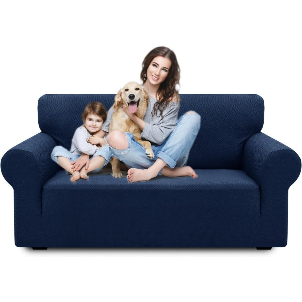 Copertura Elasticizzata per Divano Due Posti in Tessuto Jacquard Rimovibile Lavabile con Braccioli Blu Scuro
